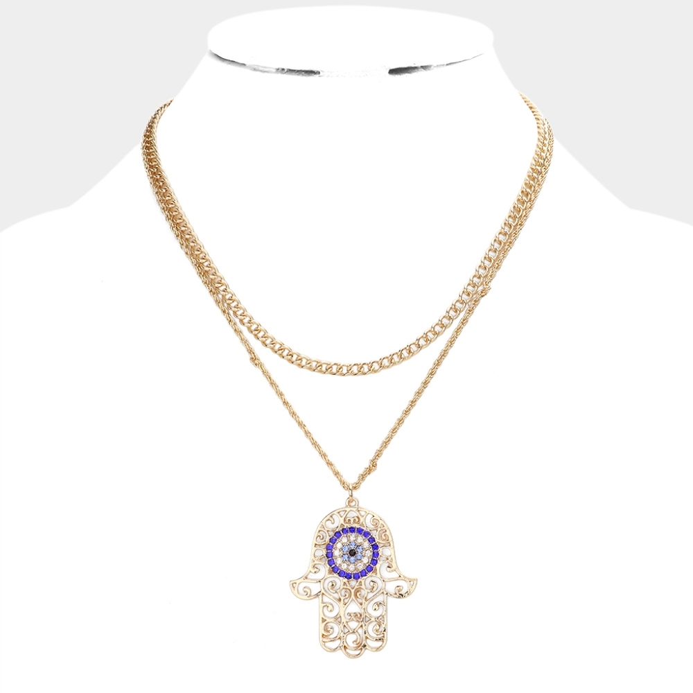 Double Layered Evil Eye Hamsa Hand Pendant Necklace Filigree Chain